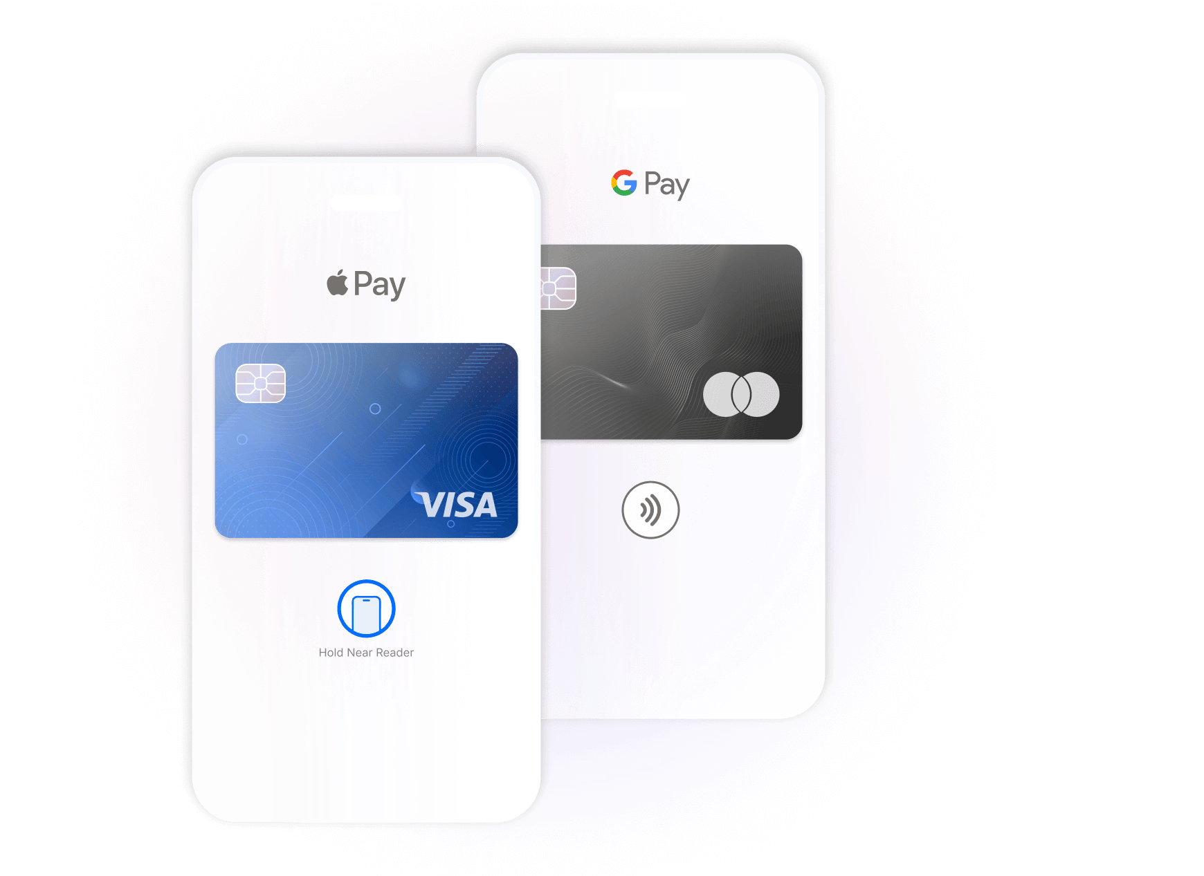 Mobile phones displaying Visa and Mastercard virtual cards for Apple Pay and Google Pay, with contactless payment symbols